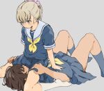  2girls blush hands_on_another&#039;s_thighs height_difference highres kei_(m_k) looking_at_another looking_down lying m_k multiple_girls on_back original rika_(m_k) school_uniform sitting sitting_on_face sitting_on_person tall tall_female tomboy yuri 