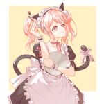  1girl absurdres animal_ears apron bang_dream! fake_animal_ears fake_tail highres junjun_(kimi-la) maid maid_apron maid_headdress maruyama_aya neck_ribbon pink_eyes pink_hair pink_ribbon ribbon square_background tail twintails wrist_cuffs yellow_background 