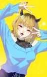  1girl :3 absurdres blonde_hair blunt_bangs blush chromatic_aberration closed_mouth commentary demon_horns double_v fake_horns fang green_sweater higeji_(higeji404) highres horns long_sleeves medium_hair memcho nail_polish off-shoulder_sweater off_shoulder open_mouth oshi_no_ko red_nails sidelocks smile solo star_(symbol) sweater v yellow_background 