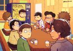  6+boys atsushi_(osomatsu-san) beer_mug cup dark-skinned_male dark_skin extra futsuumaru glasses grey_jacket hands_on_table hks3trnk jacket kusosuke male_focus matsuno_todomatsu mug multiple_boys necktie open_mouth osomatsu-san osomatsu-san_the_movie oyama_(osomatsu-san) pink_necktie plaid plaid_shirt shirt sweatdrop table twitter_username uchikawa_(osomatsu-san) vending_machine yanagita_(osomatsu-san) 