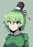  1girl black_headwear commentary cross-laced_clothes green_eyes green_hair grey_background hair_between_eyes hat looking_at_viewer midori_niku outline short_hair simple_background smile soga_no_tojiko solo tate_eboshi touhou upper_body white_outline 
