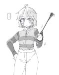  ... 1girl ahoge alternate_costume bandaid bandaid_on_face greyscale hand_on_own_hip holding kantai_collection long_sleeves monochrome oboro_(kancolle) pants riding_crop shirt short_hair solo spoken_ellipsis striped striped_shirt tatahai 