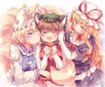  3girls animal_ears blonde_hair blue_tabard brown_hair chen dress elbow_gloves fox_ears fox_tail frilled_dress frills gloves hat hat_ribbon highres kemo_chiharu long_hair long_sleeves mob_cap multiple_girls multiple_tails ofuda ofuda_on_clothes one_eye_closed orange_eyes puffy_short_sleeves puffy_sleeves purple_dress purple_eyes red_eyes red_ribbon red_vest ribbon shirt short_hair short_sleeves tabard tail touhou vest white_dress white_gloves white_shirt wide_sleeves yakumo_ran yakumo_yukari 