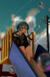  1girl aqua_eyes aqua_hair black_hoodie blurry blurry_foreground bubble_blowing bubble_pipe cloud contrail crying crying_with_eyes_open film_grain furrowed_brow hatsune_miku highres hood hoodie long_hair noranucoo outdoors power_lines sad sitting slide soap_bubbles solo tears twintails utility_pole vocaloid 