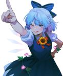  1girl ;q arm_up blue_bow blue_dress blue_eyes blue_hair bow cirno collared_shirt cowboy_shot dress flower hair_bow hand_on_own_hip highres medium_hair noriuma one_eye_closed pinafore_dress plant pointing puffy_short_sleeves puffy_sleeves shirt short_sleeves simple_background sleeveless sleeveless_dress solo sunflower tanned_cirno tongue tongue_out touhou v-shaped_eyebrows vines white_background white_shirt 