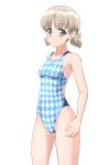  1girl absurdres aki_(girls_und_panzer) blue_one-piece_swimsuit blush breasts collarbone commentary_request competition_swimsuit cowboy_shot girls_und_panzer green_eyes groin highres houndstooth light_brown_hair looking_at_viewer low_twintails one-piece_swimsuit short_hair short_twintails simple_background small_breasts smile solo standing swimsuit takafumi thighs twintails two-tone_swimsuit variant_set white_background 