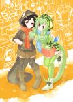  2girls absurdres black_hair black_mamba_(kemono_friends) black_thighhighs blue_scarf blush boomslang_(kemono_friends) boots brown_eyes brown_footwear brown_hoodie brown_skirt green_hair green_hoodie green_thighhighs highres hood hood_up hoodie kemono_friends knee_boots long_hair long_sleeves looking_at_viewer multiple_girls parsley_(simonov1941) pleated_skirt red_scarf red_skirt scarf short_hair skirt smile snake_girl snake_print snake_tail snow standing standing_on_one_leg tail thighhighs white_footwear zettai_ryouiki 