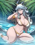  1girl adjusting_hair aqua_eyes aqua_hair armlet bikini breasts dragon_horns highres horns large_breasts long_hair looking_at_viewer mole mole_on_breast omiza_somi original parted_lips partially_submerged plump smile solo swimsuit teeth thick_thighs thighs wavy_hair white_bikini 
