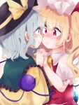  2girls ascot black_headwear blonde_hair blouse blush bow close-up closed_mouth collared_shirt crystal eye_contact face-to-face flandre_scarlet frilled_shirt_collar frilled_sleeves frills green_eyes grey_hair hat hat_bow hat_ribbon holding_hands interlocked_fingers komeiji_koishi kuromame1025 long_sleeves looking_at_another looking_at_viewer medium_hair mob_cap multiple_girls nose_blush one_side_up puffy_short_sleeves puffy_sleeves red_eyes red_ribbon red_skirt red_vest ribbon shirt short_sleeves skirt sleeve_ribbon third_eye touhou upper_body vest white_headwear wide_sleeves wings yellow_ascot yellow_bow yellow_ribbon yellow_shirt yuri 
