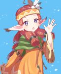  1girl arm_at_side blue_background cape chiko_(puyopuyo) eyelashes green_cape headdress highres jazz_grace long_hair long_sleeves looking_at_viewer nail_polish native_american_headdress o-ring open_mouth orange_robe pointy_ears purple_eyes puyopuyo red_hair red_nails robe simple_background solo waving wide_sleeves 