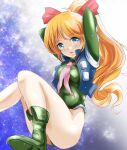  1girl bare_legs blackjunk blonde_hair blush boots breasts green_eyes highres kamikita_keiko long_hair muteki_choujin_zambot_3 ribbon scarf skin_tight small_breasts 