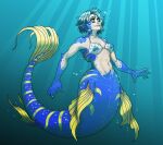  bikini bikini_top breasts clothing comictf felicia_banks female fin fish gills hair humanoid humanoid_pointy_ears marine membrane_(anatomy) merfolk mice_tea paw_print_bra scales smile solo split_form swimwear underwater water webbed_hands 