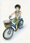  1boy bicycle bicycle_basket black_hair blue_shirt child highres hisa_(motorbike) looking_at_viewer male_focus print_shirt riding riding_bicycle sandals shirt short_hair shorts simple_background sleeveless sleeveless_shirt smile white_background 