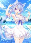  1girl ameto_yuki animal_ear_fluff animal_ears blue_hair commentary dog_ears dog_tail dress long_hair open_mouth original ponytail purple_eyes sleeveless sleeveless_dress smile solo sundress symbol-only_commentary tail thigh_strap very_long_hair water white_dress 
