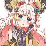  1girl ahoge animal_ears bare_shoulders blue_eyes dragalia_lost flower gloves hair_flower hair_ornament hair_ribbon highres long_hair looking_at_viewer mitsuhide_(dragalia_lost) mouse_ears parted_lips po_pooch purple_gloves red_ribbon ribbon solo tears two-tone_gloves upper_body very_long_hair white_background white_gloves white_hair 