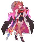  1girl black_gloves breasts dragalia_lost dragon_girl dragon_horns dragon_tail dress fangs full_body fur_trim gloves hair_between_eyes hair_ornament highres holding holding_polearm holding_weapon horns large_breasts long_bangs long_hair looking_at_viewer mym_(dragalia_lost) polearm red_eyes red_hair rikikitty smile solo tail thighhighs very_long_hair weapon white_background 