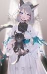  1girl animal animal_ears cat_ears cat_tail claws dog dress fang final_fantasy final_fantasy_xvi frilled_sleeves frills grey_hair head_tilt highres holding holding_animal holding_dog jiaxi_daze jill_warrick looking_at_viewer puppy smile tail torgal_(ff16) wolf 