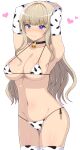  1girl animal_print arms_behind_head arms_up bare_shoulders bell bikini black_choker blue_eyes blush breasts choker cleavage closed_mouth collarbone commentary_request cow_print cowbell cowboy_shot dolphin_wave groin halterneck heart highres kirahoshi_kanna large_breasts light_brown_hair long_hair long_sleeves looking_at_viewer navel neck_bell nose_blush o-ring o-ring_bikini o-ring_bottom o-ring_choker o-ring_top print_bikini print_sleeves print_thighhighs side-tie_bikini_bottom sidelocks simple_background smile solo standing stomach string_bikini swimsuit thighhighs wavy_hair white_background white_bikini white_thighhighs zack_(haiuinndo) 