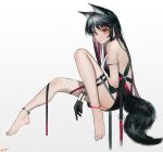  1girl absurdres animal_ear_fluff animal_ears anklet arknights bare_shoulders barefoot black_dress black_gloves black_hair breasts dress feet gloves grey_background highres jewelry legs long_hair mackia multicolored_hair orange_eyes simple_background sleeveless sleeveless_dress small_breasts solo streaked_hair tail texas_(arknights) thighs toes wolf_ears wolf_girl wolf_tail 