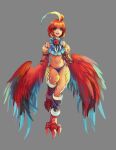  1girl ahoge bare_shoulders bird_legs blue_eyes blue_neckerchief commentary_request feathers grey_background harpy highres huge_ahoge imari medium_hair midriff monster_girl neckerchief open_mouth original red_feathers red_wings simple_background solo standing standing_on_one_leg talons teeth upper_teeth_only winged_arms wings 