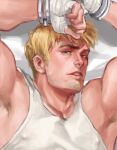  1boy alternate_facial_hair armpit_hair armpits arms_up bandaged_hand bandages bara cody_travers come_hither covered_nipples cropped cuffs dakimakura_(object) facial_hair final_fight goatee handcuffs large_pectorals lips long_sideburns looking_at_viewer lying male_focus muscular muscular_male on_back pectoral_cleavage pectorals pillow short_hair sideburns solo stubble tank_top thick_eyebrows upper_body white_tank_top zonknuckle 
