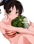  1girl akiyoshi_haru ball beachball bikini black_hair blush breasts character_name closed_mouth collarbone green_eyes hair_ornament hair_scrunchie harada_miyo hugging_own_legs idolmaster idolmaster_cinderella_girls idolmaster_cinderella_girls_starlight_stage looking_at_viewer medium_breasts navel ponytail red_bikini scrunchie short_hair simple_background smile solo striped striped_bikini swimsuit wet wet_clothes white_background 