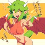  1girl :d breasts clenched_hand commentary_request covered_nipples draco_centauros dragon_girl dragon_horns dragon_tail dragon_wings dress fangs green_hair horns looking_at_viewer medium_breasts metata open_mouth orange_eyes pointing pointing_at_viewer pointy_ears puyo_(puyopuyo) puyopuyo smile solo tail tan wings 