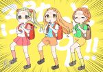  3girls backpack bag castanets emphasis_lines floating_hair forehead full_body highres ichihara_nina idolmaster idolmaster_cinderella_girls instrument kyoufuu_all_back_(vocaloid) mo_chito27 multiple_girls music parody playing_instrument randoseru recorder ryuzaki_kaoru simple_background style_parody triangle_(instrument) yellow_background yokoyama_chika 