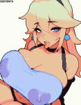  1girl alternate_costume armpit_crease artist_name black_hairband blonde_hair blue_eyes blush breasts covered_nipples doxy earrings gyaru hair_between_eyes hairband huge_breasts jewelry large_areolae long_hair mario_(series) navel pixel_art princess_peach revealing_clothes see-through see-through_shirt shiny_skin sidelocks sitting skindentation solo tan thighs tongue tongue_out 