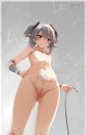 1girl absurdres anus bandaged_arm bandages breasts bronya_zaychik cleft_of_venus closed_mouth completely_nude cowboy_shot drill_hair earrings ejieaa grey_background grey_hair hair_between_eyes hair_ornament hand_on_own_hip highres holding honkai_(series) honkai_impact_3rd jewelry looking_at_viewer looking_down navel nipples nude prometheus_(honkai_impact) pubic_tattoo pussy red_eyes ring small_breasts solo standing syringe tattoo twin_drills uncensored white_hair 