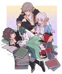  1girl 1other 2boys :o animal_ears archery_shooting_glove black_gloves blanket blue_eyes book book_stack border brown_hair caelus_(honkai:_star_rail) closed_eyes closed_mouth dan_heng_(honkai:_star_rail) earrings fetal_position film_grain gloves grey_hair hands_on_own_cheeks hands_on_own_face honkai:_star_rail honkai_(series) jacket jewelry long_sleeves looking_at_another lop_rabbit_ears lying march_7th_(honkai:_star_rail) medium_hair multicolored_eyes multiple_boys on_side open_mouth outside_border partially_fingerless_gloves pillow pink_eyes pink_hair pom-pom_(honkai:_star_rail) purple_background rabbit rabbit_ears short_hair sidelocks single_glove sitting sleeping sudachips trailblazer_(honkai:_star_rail) two-tone_eyes white_border yellow_background yellow_eyes 