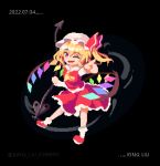  1girl ;d artist_name ascot black_background blonde_hair commentary crystal dated english_commentary flandre_day flandre_scarlet full_body hat hat_ribbon king_liu laevatein_(touhou) looking_at_viewer mixed-language_commentary mob_cap one_eye_closed one_side_up pointing rainbow_order red_eyes red_footwear red_ribbon red_skirt red_vest ribbon shirt simple_background skirt smile socks solo touhou vest white_headwear white_shirt white_socks wings yellow_ascot 