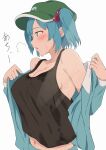  1girl absurdres black_tank_top blue_eyes blue_hair blush breasts cleavage commentary_request flat_cap green_headwear hair_bobbles hair_ornament hat highres kawashiro_nitori large_breasts nagomian navel profile simple_background solo sweat tank_top touhou two_side_up upper_body white_background 