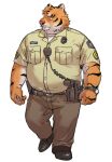  2023 amamiya anthro bottomwear clothing felid humanoid_hands kemono male mammal orange_body overweight overweight_male pantherine pants police shirt simple_background solo tiger topwear 