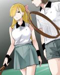  1boy 1girl arms_at_sides black_eyes black_wrist_cuffs blonde_hair bow breasts brown_hair commentary cowboy_shot curly_hair disguise eyebrows_hidden_by_hair fiona_frost green_shorts green_skirt grey_background hair_bow hair_over_one_eye hetero highres holding_tennis_racket large_breasts long_hair looking_at_another mame1645 miniskirt one_eye_covered one_side_up open_mouth parted_lips pink_bow pleated_skirt shirt short_hair short_sleeves shorts simple_background skirt sleeveless sleeveless_shirt spy_x_family standing twilight_(spy_x_family) very_long_hair white_shirt 