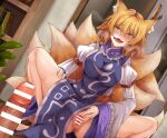  1boy 1girl absurdres animal_ear_fluff animal_ears anus bar_censor blonde_hair blush breasts censored commentary_request erection fangs female_pubic_hair fox_ears fox_girl fox_tail hair_between_eyes highres indoors kitsune looking_at_viewer mahimaru medium_hair multiple_tails open_mouth penis pov presenting pubic_hair pussy short_hair solo_focus spread_pussy squatting tabard tail touhou variant_set yakumo_ran yellow_eyes 