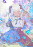  1girl black_dress black_ribbon blue_butterfly brown_eyes bug butterfly closed_mouth cowboy_shot dress earrings flower hair_between_eyes ham_melon_(iloha_24) highres jewelry lolita_fashion long_hair looking_at_viewer original ribbon sidelocks smile solo white_hair 