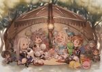  2boys 2girls blonde_hair blue_bow blue_dress bow bravely_default_(series) bravely_second:_end_layer brown_hair cake character_doll character_request closed_mouth dress edea_lee food full_body hair_bow holding holding_scissors holding_stuffed_toy irono16 lamp long_hair looking_at_another magnolia_arch multiple_boys multiple_girls open_mouth red_eyes scissors sharp_teeth short_hair sitting smile stuffed_animal stuffed_toy teeth tent tiz_arrior tree white_hair yew_geneolgia 