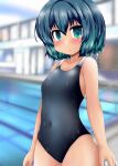  1girl black_one-piece_swimsuit blue_hair blurry blurry_background breasts commentary_request competition_swimsuit covered_navel cowboy_shot green_eyes grey_hair highres indoors looking_at_viewer one-piece_swimsuit original ouno_(nounai_disintegration) pool small_breasts solo swimsuit two-tone_one-piece_swimsuit wet wet_clothes wet_swimsuit 