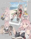  1boy 2girls ahoge animal_ears arknights beach braid chair chikoku_no_oni cup drinking_glass drinking_straw dwarf earrings food fruit highres jewelry long_hair long_sleeves lounge_chair melon melon_slice multiple_girls pink_eyes pink_hair pointy_ears pozyomka_(arknights) thigh_pouch twin_braids waving wolf_ears 