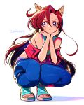  1girl animal_ears blue_eyes blue_footwear brown_hair closed_mouth crop_top denim eyelashes hands_on_own_cheeks hands_on_own_face jeans kemonomimi_mode long_hair looking_to_the_side midriff pants precure purple_eyes red_shirt sabum sandals shirt simple_background solo squatting takizawa_asuka tropical-rouge!_precure white_background 
