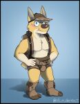  2019 anthro avery_(vir-no-vigoratus) backpack baseball_cap blue_background blue_eyes blush bodily_fluids briefs brown_backpack brown_baseball_cap brown_briefs brown_clothing brown_hat brown_headwear brown_nose brown_underwear bulge canid canine canis cargo_socks clothed clothing detailed_background domestic_dog fanny_pack footwear hat headgear headwear herding_dog male mammal muscular muscular_male pastoral_dog shadow simple_background socks solo sweat topless underwear vir-no-vigoratus welsh_corgi 