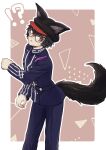  !? 1boy absurdres animal_ears animal_hat belt black_hair black_headwear black_pants blue_belt blue_jacket cabbie_hat commentary_request facial_mark fake_animal_ears feathers glasses hat highres jacket kemonomimi_mode long_sleeves looking_back male_focus master_detective_archives:_rain_code pants red-framed_eyewear red_eyes round_eyewear short_hair solo sweatdrop tail yoi_(207342) zilch_alexander 