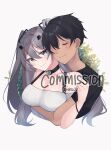  1boy 1girl absurdres an_kujo azur_lane black_hair black_shirt breasts choker cleavage closed_eyes commission couple dress grey_eyes grey_hair hair_between_eyes hair_ornament heart highres hug hug_from_behind intrepid_(azur_lane) long_hair mole mole_on_breast shirt sidelocks signature simple_background smile white_dress 