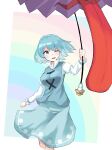  1girl ;d blue_eyes blue_hair blue_skirt blue_vest commentary highres holding holding_umbrella kalmia495 karakasa_obake long_sleeves looking_at_viewer one_eye_closed open_mouth purple_umbrella rainbow rainbow_background shirt short_hair skirt smile solo tatara_kogasa tongue touhou umbrella vest white_shirt 