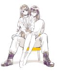  1boy 1girl belt boots bracelet closed_mouth couple full_body hair_between_eyes hair_ornament hairclip hands_on_own_knees highres iwato_suzume jacket jewelry legs_apart legs_together long_hair munakata_souta on_chair open_clothes open_jacket pale_color pants pencil_skirt pendant simple_background sitting sitting_on_lap sitting_on_person skirt smile sumustard suzume_no_tojimari twitter_username white_background x_hair_ornament 