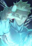  1boy blonde_hair blue_background blurry bodysuit closed_mouth depth_of_field glowing green_eyes highres male_focus millions_knives mole mole_under_eye outstretched_arm reaching reaching_towards_viewer rokuga1 short_hair skeletal_wings smile solo spiked_hair trigun trigun_stampede upper_body wings 