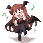  1girl :d bat_wings beamed_sixteenth_notes black_footwear black_pantyhose black_skirt black_vest black_wings blush chibi clenched_hands closed_eyes collared_shirt commentary_request dancing dress_shirt eighth_note head_wings koakuma long_hair long_sleeves musical_note necktie no_nose pantyhose red_hair red_necktie rokugou_daisuke shirt sidelocks skirt smile solo standing standing_on_one_leg touhou u_u very_long_hair vest white_shirt wings 