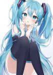  1girl absurdres bare_shoulders black_sleeves black_thighhighs blue_eyes blue_hair blush collared_shirt detached_sleeves dot_nose feet_out_of_frame frilled_shirt frills hair_between_eyes hair_ornament hatsune_miku head_tilt highres holding holding_hair knees_together_feet_apart long_hair long_sleeves looking_at_viewer noneon319 own_hands_together parted_lips raised_eyebrows shirt simple_background sitting sleeveless sleeveless_shirt solo thighhighs thighs twintails very_long_hair vocaloid white_background white_shirt 