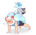  animal_crossing anthro big_butt blue_body blue_fur blue_hair blush bodily_fluids bottomwear bovid butt caprine clothed clothing cloven_hooves dom_(animal_crossing) domestic_sheep duo eating exercise eyes_closed food fur goat gym_bottomwear gym_clothing gym_shorts hair hi_res hooves horn huge_butt junk_food male male/male mammal nintendo partially_clothed push-up rockpup241 sheep sherb_(animal_crossing) shirt shorts sitting_on_another straining sweat takis tank_top topwear underwear white_body white_fur wool_(fur) 